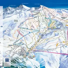 Mapa de pistas de esquí de Sierra Nevada, con detalles de remontes, zonas de esquí y servicios. Incluye el pueblo de Pradollano.