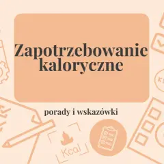 Grafika z ikonami związanymi z dietą i kaloriami, w tym tekst "Zapotrzebowanie kaloryczne".