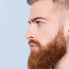 Un homme au profil droit, avec une barbe rousse soignée, tailler sa barbe en dégradé. Ses cheveux sont courts sur les côtés.