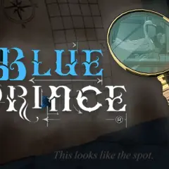 Mapa z napisem "BLUE PRINCE" i szkło powiększające, przez które widać łabędzia.