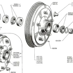 Vue éclatée du schema tambour frein arriere, montrant les roulements, joints et autres pièces pour un assemblage complet.