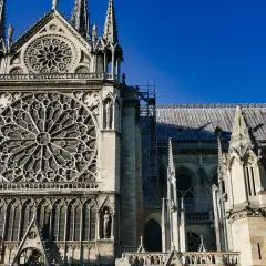 Majestatyczna katedra Notre Dame w Paryżu z imponującą rozetą i gotyckimi detalami, na tle błękitnego nieba.