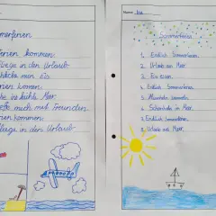 Zwei Kinder beschreiben ihre Ferienerlebnisse Grundschule: Urlaub am Meer, Eis essen und mit Freunden spielen.