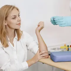 Kobieta z blond włosami w białej koszuli i pielęgniarka w rękawiczkach przygotowują się do pobrania krwi.