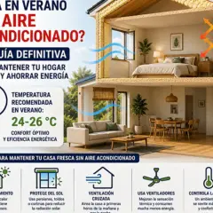 Guía para mantener tu casa fresca en verano sin aire acondicionado. Temperatura recomendada: 24-26°C. Consejos: aislamiento, protección solar, ventilación cruzada, ventiladores y control de humedad.
