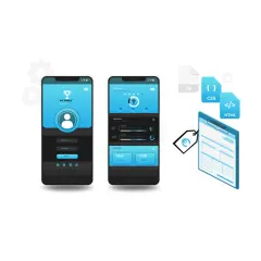 Deux maquettes d'applications mobiles bleues et noires, avec des icônes de code (JS, CSS, HTML) et un presse-papiers, illustrant le processus pour coder une application mobile.