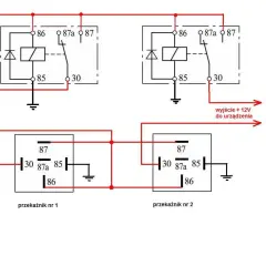 Schemat instalacji elektrycznej z przekaźnikami, podobny do tego w Skoda Octavia 2, z opisem bezpieczników i podłączeń.