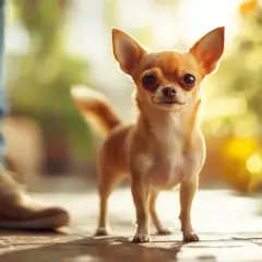 Mały, rudy piesek chihuahua stoi obok nogi człowieka. Do jakiego wieku rośnie pies tej rasy?