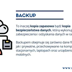 Backup to kopia zapasowa danych, chroniąca przed utratą. Ikona chmury z danymi i człowiekiem symbolizuje bezpieczeństwo.