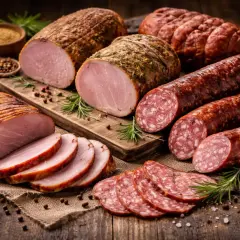 Na stole leżą pyszne wędliny bez konserwantów: pieczone szynki, kiełbasy i pasztety. Aromatyczne zioła i czosnek podkreślają ich naturalny smak.