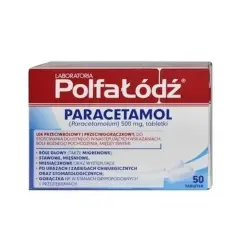 Opakowanie leku Polfa Łódź Paracetamol 500 mg. Pytanie czy paracetamol jest bezpieczny jest kluczowe przy stosowaniu tego leku na bóle i gorączkę.