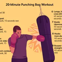 A man in boxing gloves performs a punchbag exercise, demonstrating a 20-minute workout routine with various punches and kicks.