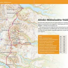 Karta över Kungsleden, sträckan Abisko-Nikkaluokta-Vakkotavare. Visar fjällstugor och vandringsleder.