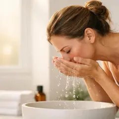 Donna si lava il viso con acqua fresca, un gesto quotidiano per prendersi cura della pelle secca e ritrovare idratazione.