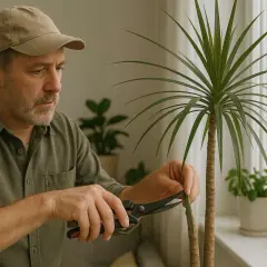 Mann mit Kappe schneidet mit Schere einen Drachenbaum. Er pflegt seine Zimmerpflanzen sorgfältig.