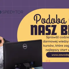 Mężczyzna rozmawia przez telefon, siedząc przy biurku. Logo "Zawód spedytor" i zachęta do odwiedzenia bloga.