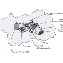 Mappa della Valle d'Aosta con indicazione delle zone di produzione dei vini DOC: Chambave, Arnad-Montjovet, Donnas, Morgex et La Salle, Avrier, Torrette e Nus.