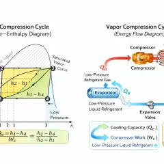 Diagrama del ciclo de compresión de vapor, mostrando el diagrama P-H y el flujo de energía. Incluye la fórmula del COP de refrigeración.
