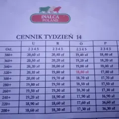 Cennik tygodnia 14 dla skupu bydła Sokołów. Ceny zależą od wagi zwierzęcia i klasy.