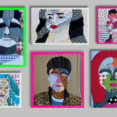 Sechs Patchwork-Porträts, inspiriert von digitalen Kunstideen, zeigen Gesichter aus Stoffresten.