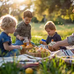 Rodzina cieszy się piknikiem na trawie. Ojciec i trzej synowie jedzą owoce i piją sok. To wspaniałe, **family friendly activities** na świeżym powietrzu.