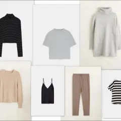Kolekcja basic: czarny golf w paski, szary t-shirt, szary sweter, beżowy sweter, czarna koszulka na ramiączkach, brązowe spodnie, bluzka w paski.