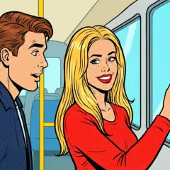 Para kupuje bilety MZK Gorzów przez aplikację mobilną, skanując kod QR na szybie autobusu.