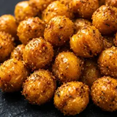 Gros plan sur des pois chiches au four, dorés et croustillants, assaisonnés d'épices. Parfait pour un snack sain.