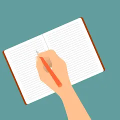 Hand schreibt in ein leeres Notizbuch. Hier sind einige Ideen für das Tagebuchschreiben.