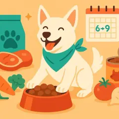Glücklicher Hund mit Futter, Kalender und Zutaten. Die Futterumstellung Hund wird hier bildlich dargestellt.