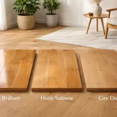 Comparaison de finitions pour le bois : vernis brillant, huile satinée et cire douce.