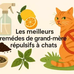 Illustration d'un chat avec un panneau d'interdiction, entouré d'ingrédients naturels comme le citron et le poivre. Les meilleurs remèdes de grand-mère répulsifs à chats.