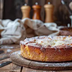 Un délicieux gâteau breton, saupoudré de sucre glace, repose sur une planche en bois. Des couverts anciens sont disposés à côté.