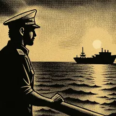 Kapitan w mundurze, z widocznymi dwoma belkami na naramienniku, obserwuje statek na tle wschodzącego słońca.
