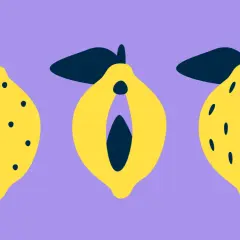 Tre gula citroner mot lila bakgrund. En citron är delad och liknar ett kvinnligt könsorgan, vilket kan ge en känsla av att det luktar illa i underlivet genom byxorna.