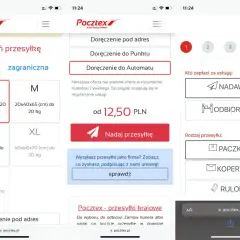 Strona Pocztex.pl pozwala na wycenę i nadanie przesyłki. Można wybrać rozmiar paczki, opcję doręczenia (do automatu, punktu lub pod adres) i kto zapłaci za usługę.