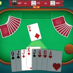 Gra w tysiaca: na stole karta 9 karo, gracze mają karty 9, J, J, K, J, Q, 10, A.