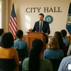 A man speaks at a podium in a City Hall, addressing an audience. This scene depicts one of many federal government conferences.