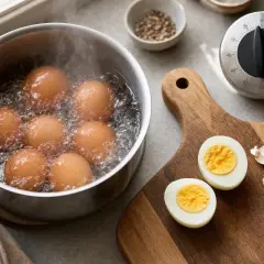 Des œufs à la coque parfaits mijotent dans une casserole d'eau bouillante. Sur une planche à découper, deux œufs coupés révèlent un jaune coulant, prêts à être dégustés.