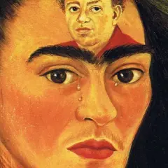 Portret Fridy Kahlo, z wizerunkiem jej męża, Diego Rivery, w jej głowie. Tytuł "Diego y yo" widoczny w rogu.