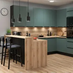 Nowoczesna kuchnia z zielonymi frontami i drewnianą wyspą. Idealne aneksy kuchenne inspiracje dla Twojego domu.