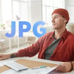 Grafik pracuje przy komputerze, nad projektem. Duży napis JPG sugeruje format pliku.