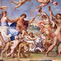 Barwny fresk przedstawia scenę z mitologii: triumfalny pochód z tygrysem, kozłem i postaciami boskimi.