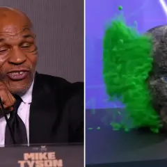 Mike Tyson's legendary punch force visualized as a stone head explodes with green energy.