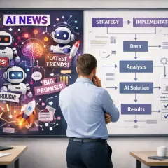 Mężczyzna analizuje tablicę z informacjami o ai sztucznej inteligencji: "AI NEWS", roboty, wykresy i proces od strategii do wyników.