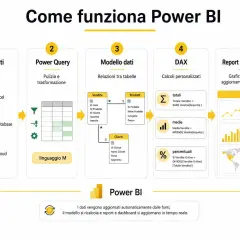 Schema che illustra come funziona Power BI: da fonti dati a report interattivi. Esempi di calcoli DAX e modellazione dati.