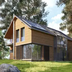 Maison en bois avec panneaux solaires sur le toit, un exemple parfait pour rendre sa maison écologique.