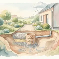 Schema zeigt, wie man eine Sickergrube baut: Regenwasser vom Haus fließt durch Rohre in eine unterirdische Kammer, wo es versickert.