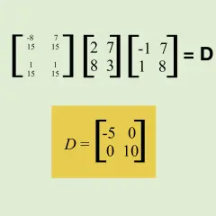 Macierz diagonalna D = [[-5, 0], [0, 10]] jest wynikiem mnożenia trzech macierzy.