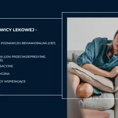 Kobieta siedzi na kanapie, zamyślona. Obok lista metod, jak leczyć nerwicę: psychoterapia, hipnoterapia, farmakoterapia, relaksacja, aktywność fizyczna, metody domowe.